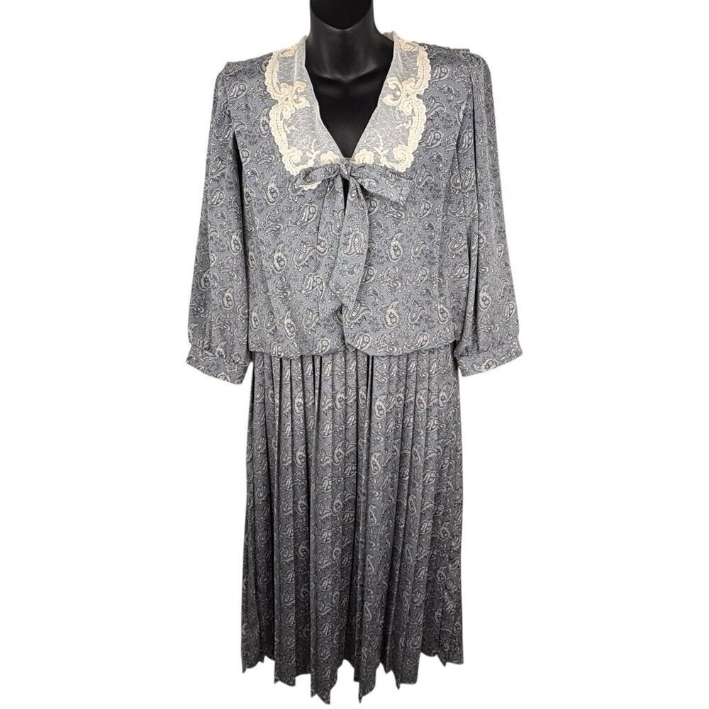 VTG 80s Paisley Cottage Core Prairie Lace Neckline Midi Dress Pleated Women’s 10